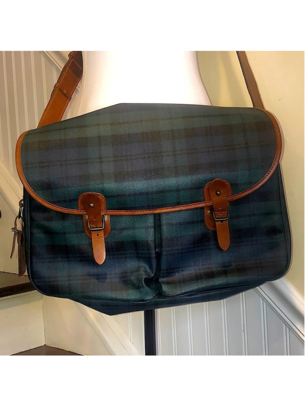 RALPH LAUREN Black Watch Plaid Crossbody Computer Messenger Tote Bag Vintage
